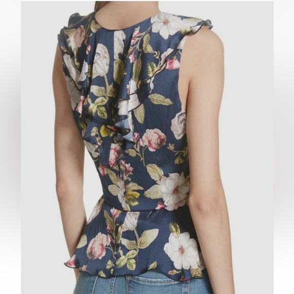 Alice + Olivia Blue Nora Floral Ruffle Silk Peplum Blouse Top Size 4 NWT $265 - Picture 2 of 9